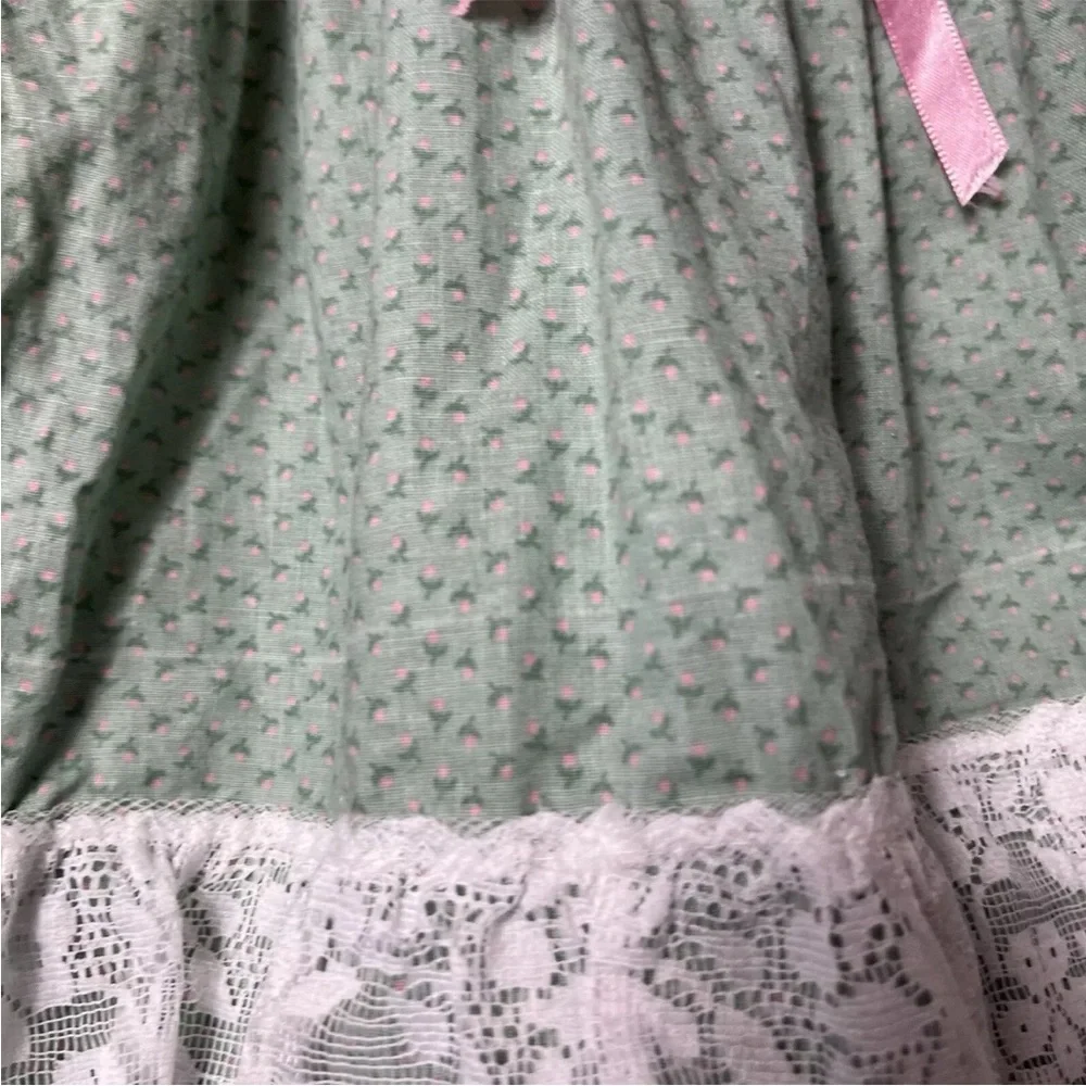 Vintage Handmade Green Pink Floral Lace Ruffle Girls Dress Easter